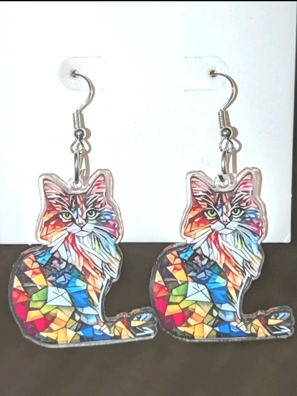 Hand Crafted Colorful Mosaic Cat Dangle Earrings - Multicolor Cat Design